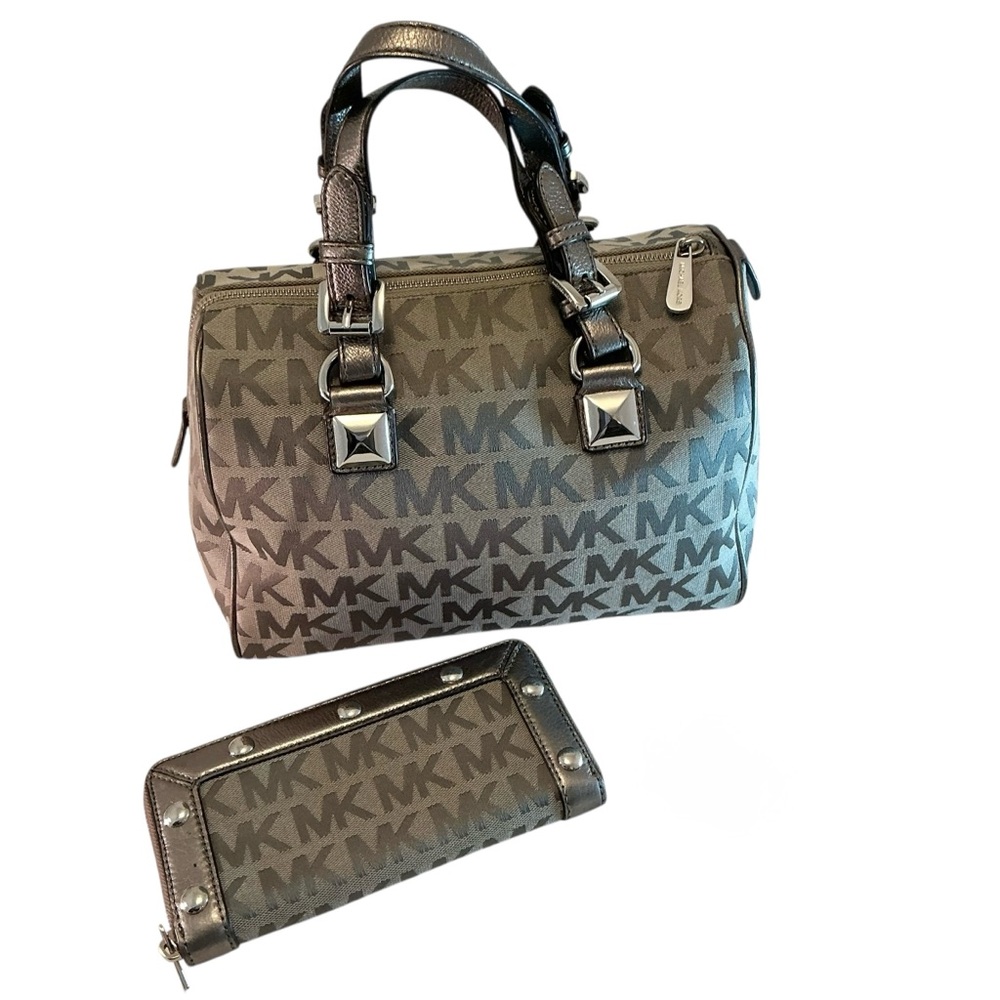 Michael Kors Med GRAYSON Satchel & Continental Wallet MK Logo ICE/Slate/Gun Gray